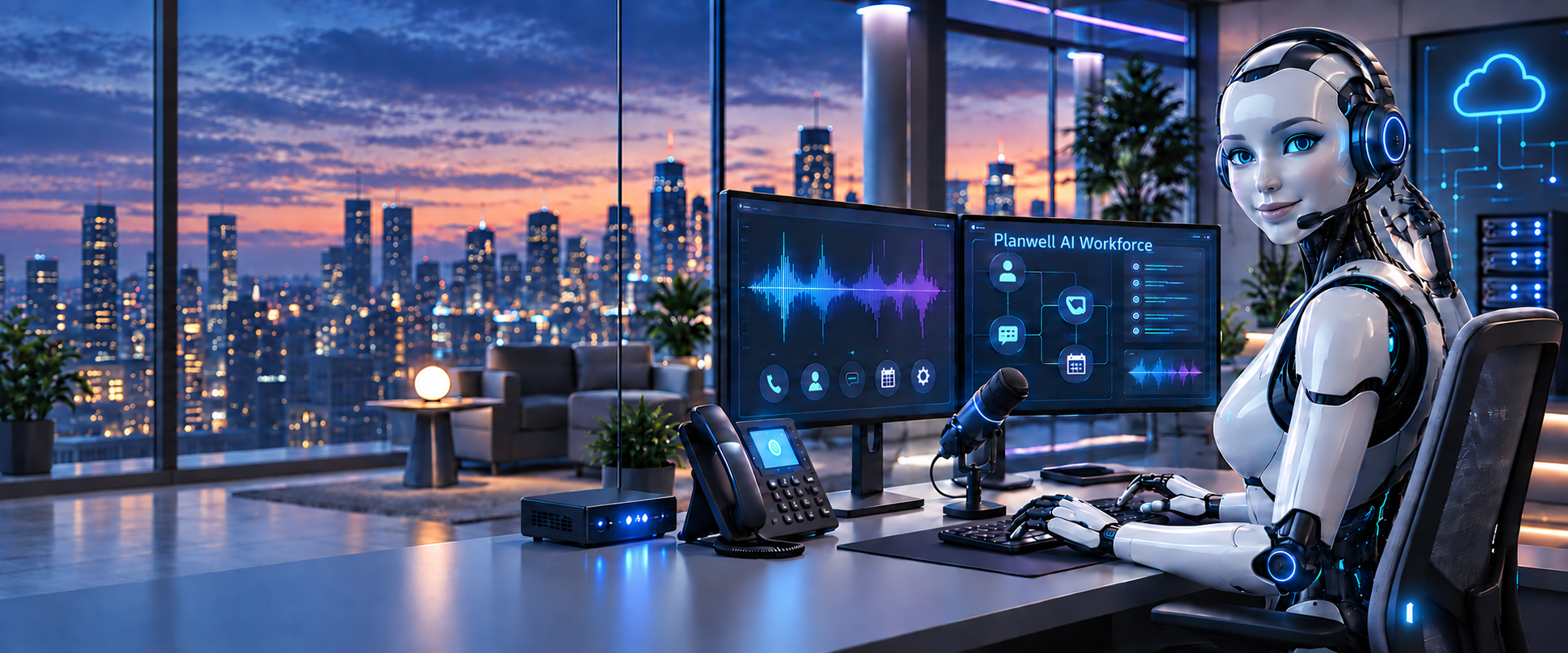 An AI workforce assistant at a desk overlooking a city skyline, with voice and workflow dashboards displayed on monitors.